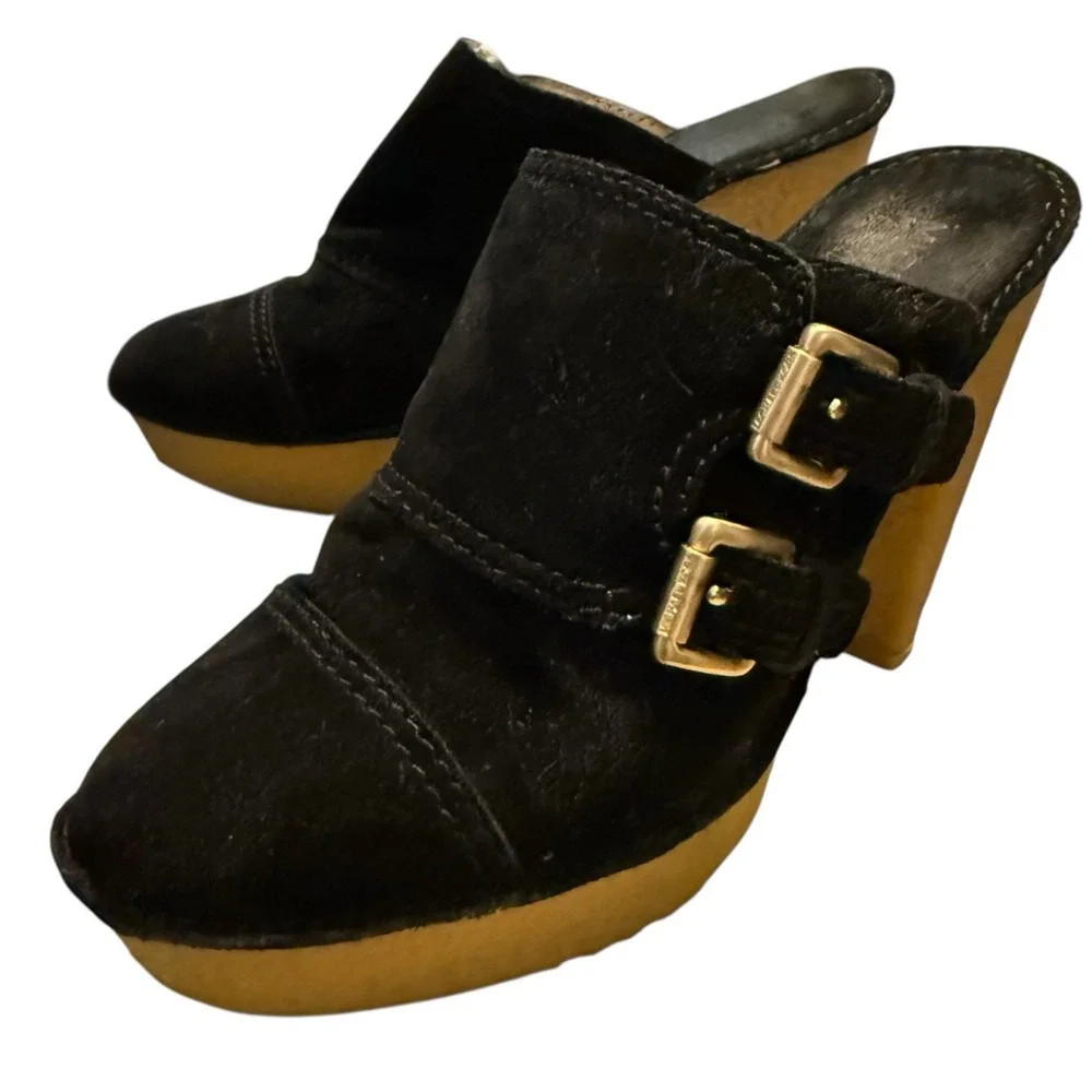 Michael Michael Kors McGraw Double Black Suede Mules Heeled Size 7 Slip On